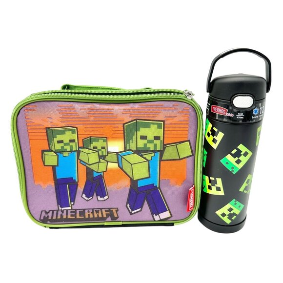 Minecraft Thermos Insulated Lunch Bag and 16oz Bottle Creeper Black Green 10x7x3 - Picture 1 of 11